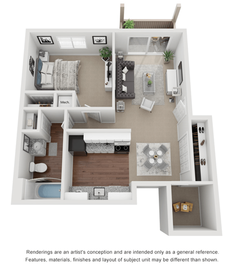 1 Bed 1 Bath 600 sq ft 3D floor plan.